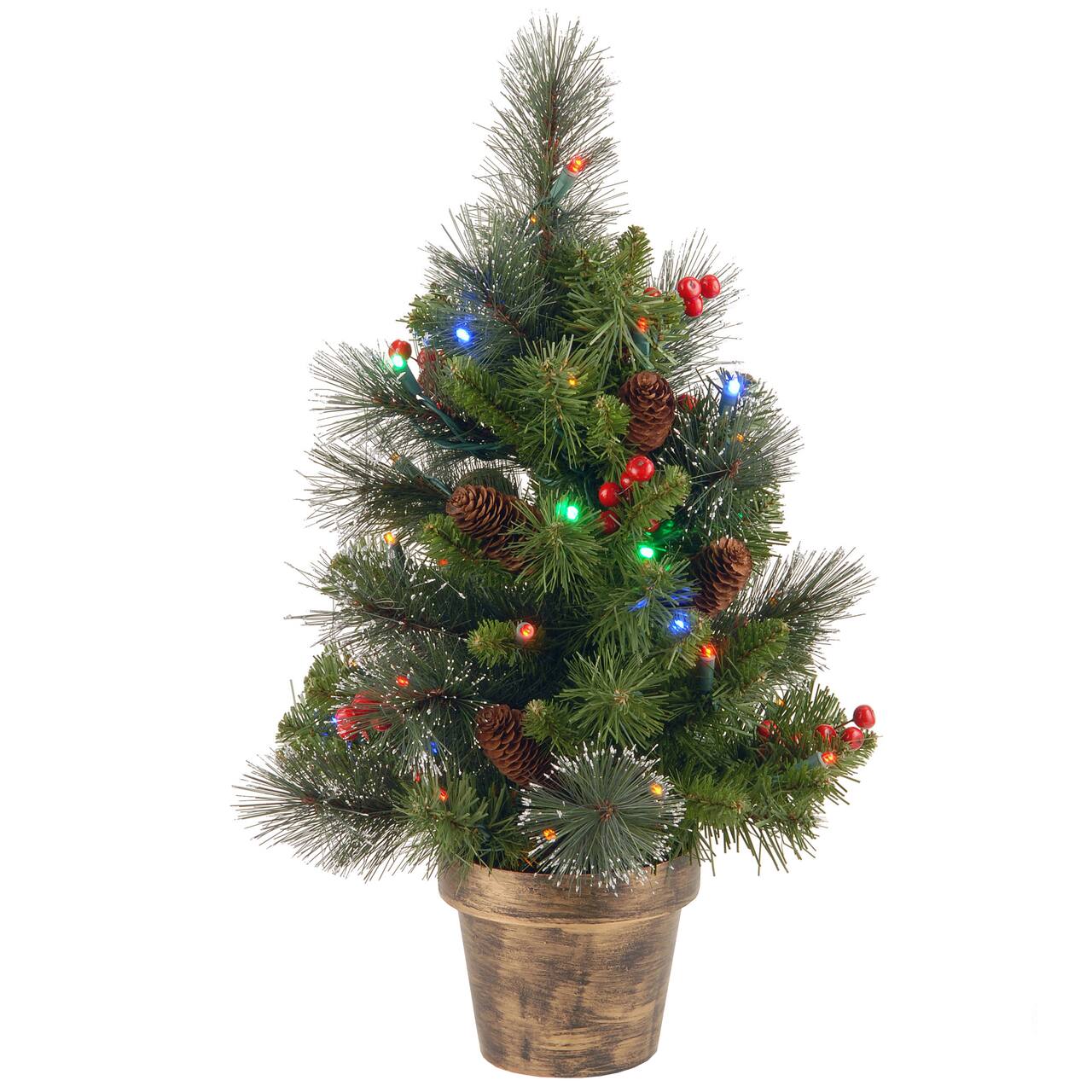 2ft. Pre-Lit Silver Bristle, Pinecones, Red Berries & Glitter Crestwood Spruce Artificial Christmas Tree in Bronze Pot, Multicolor LED Lights